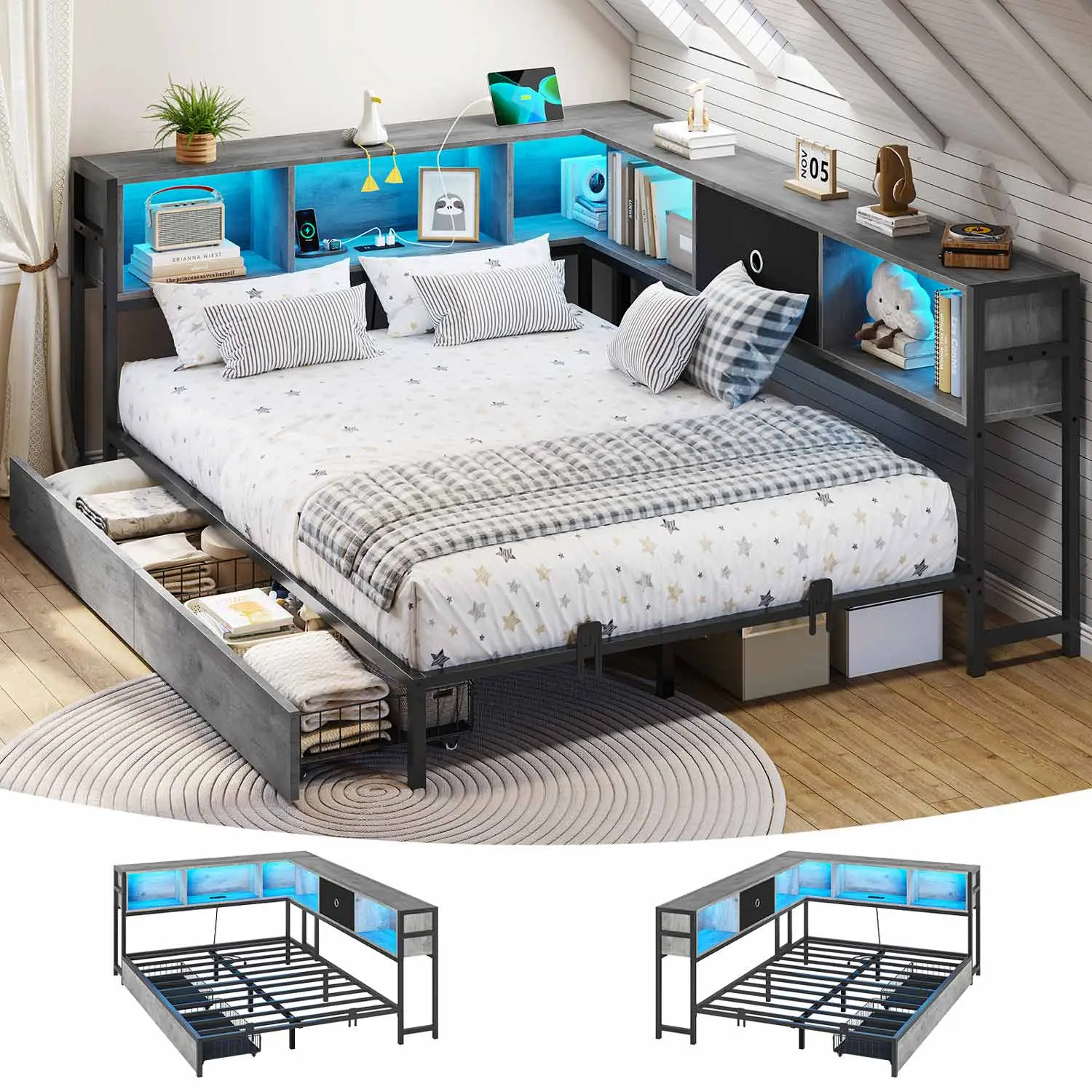 LED Daybed with Storage Drawers and Bookcase Headboard Oak Grey