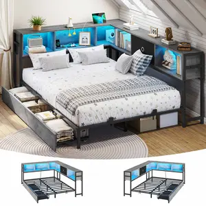 Full Size LED Daybed with Storage Drawers and Bookcase Headboard Oak Gray