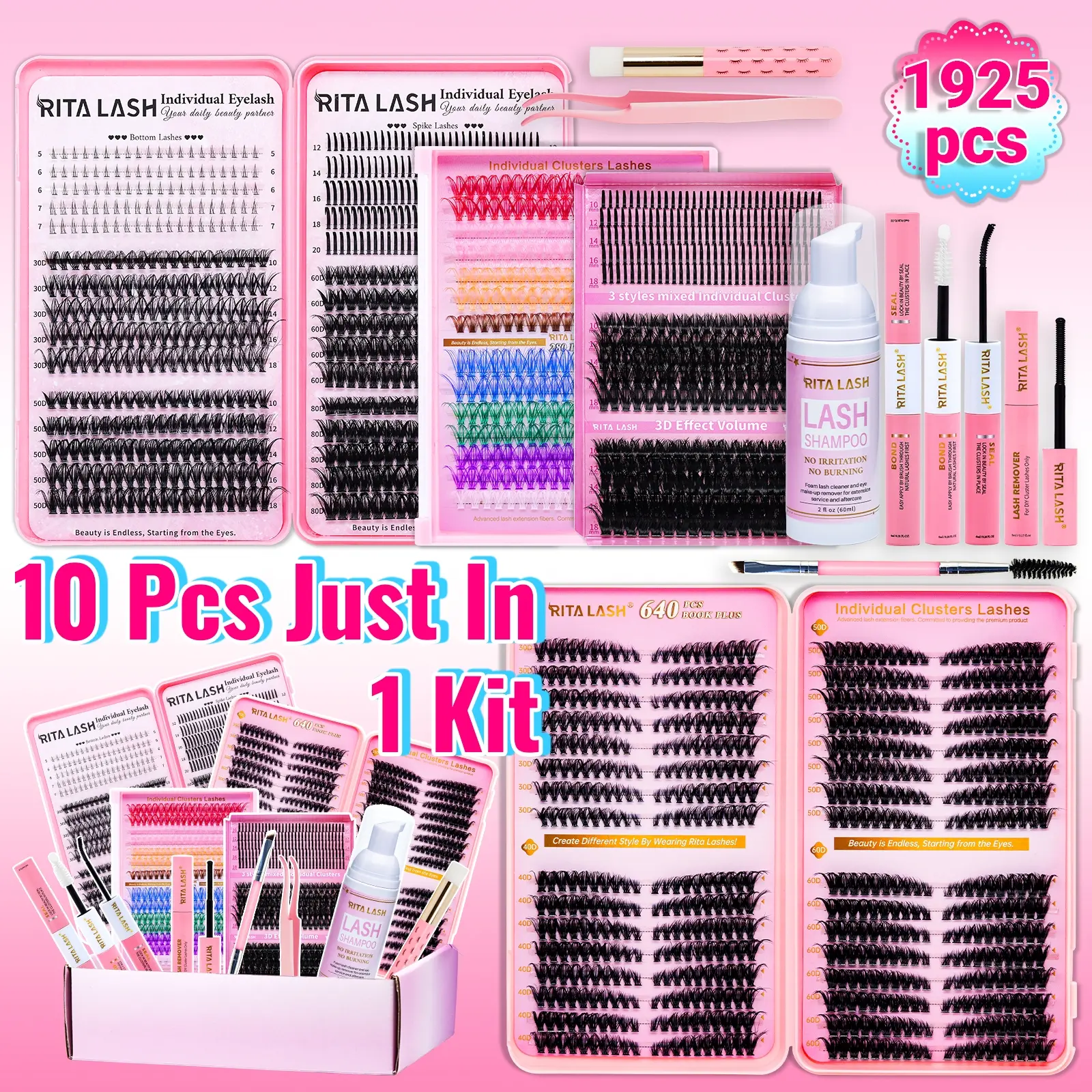 RITALASH 1925PCS Lash Extension Kit DIY Eyelashes Kit Cluster Lashes Gift Large Packs 4 Trays Lash Clusters Eyelash Extensions Eyelash Glue Extension Soft Comfortable with Lash Bond and Seal Remover Tweezers Brush Shampoo&Brush