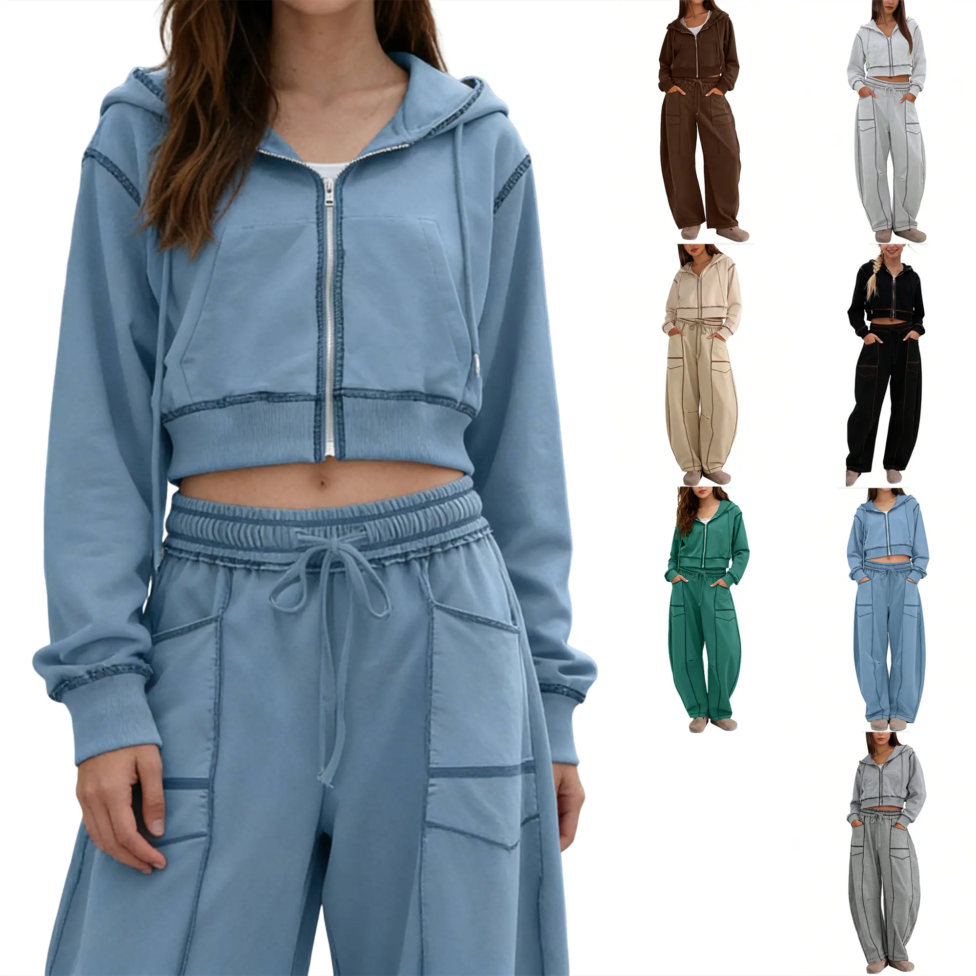 WoodBerry Basic Lounge Set for Women, Sporty Chic Solid Cotton Blend Athletic Sweatsuit with Drop Shoulder Zip Hoodie & Wide-Leg Pants, Baggy, Coffee Runs, Oversized, Casual, Women's Clothes