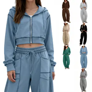 WoodBerry Women's 2-Piece Minimalist Basic Lounge Outfit - Long Sleeve Collared Zip-Up Hooded Sweatshirt, High-Waisted Drawstring Wide-Leg Pants with Pockets - Matching Women's Clothes Set for Travel, Casual Use