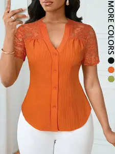 Valentine's Day Women's Solid Color Simple Commuter Casual Fitted Shirt Summer Style, Ladies Plain Design Office Wear, Comfortable and Stylish Blouse