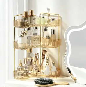 Three-tier bathroom corner storage rack with U-shaped opening design, made of ABS material. It can be used to store skincare products, cosmetics and perfumes. An excellent space-saving device for bathrooms and kitchens.