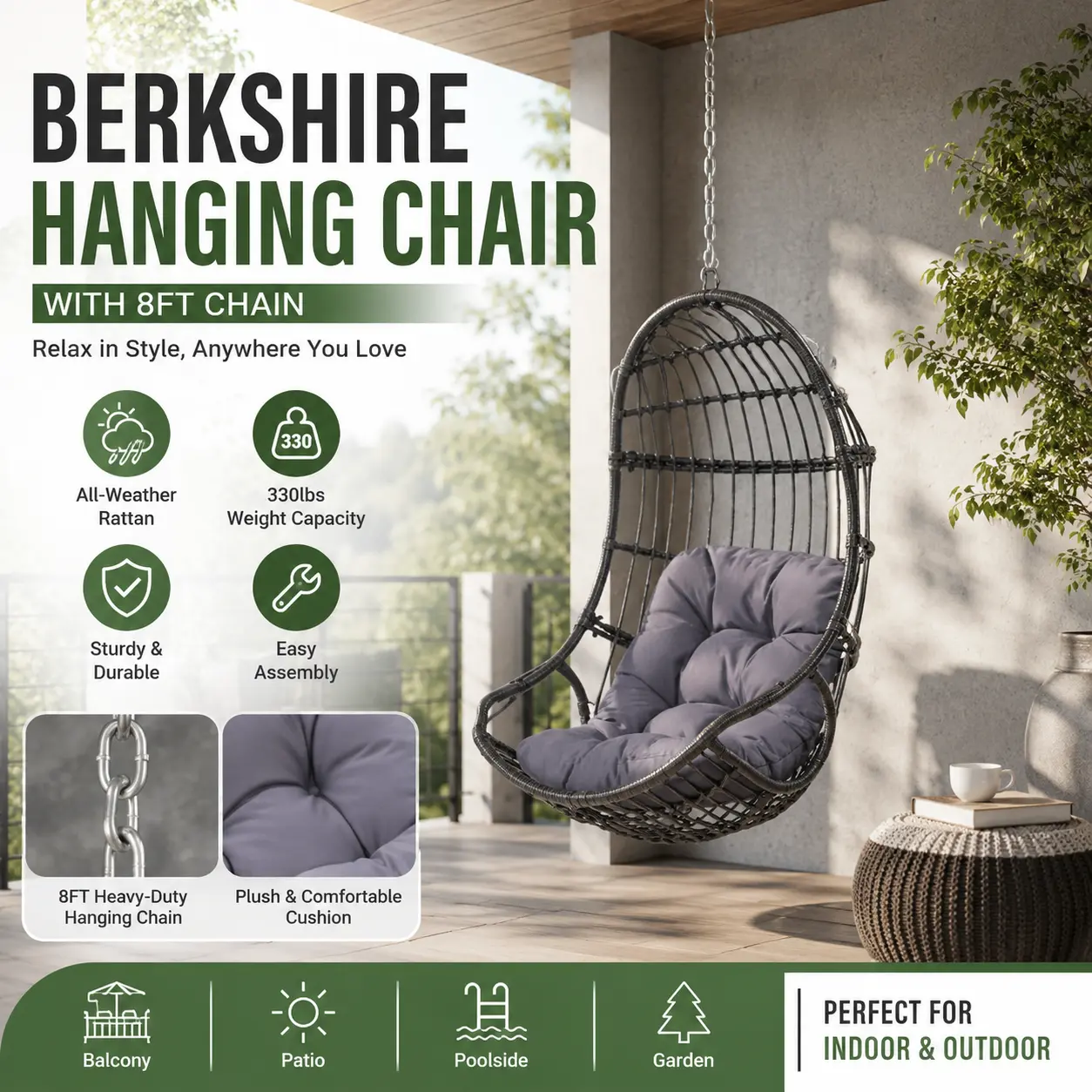 Hanging Egg Chair with 8ft Chain Berkshire Outdoor Weave Nest Swing Chair Luxury Porch Hammock Lounger with Soft Cushion for Indoor Bedroom Patio Backyard Garden Deck Aesthetic Boho Room Decor White Adjustable Rattan Basket