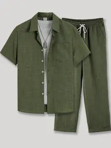Men's Solid Color Shirt & Pants Set,  Casual Short Sleeve Collared Top & Trousers, Men's Spring & Fall Clothes