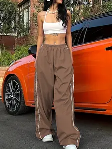 Women's Vintage Side Striped Wide Leg Pants, Fashion Casual Elastic Waist Long Trousers, Stylish Relaxed Fit Bottoms, Womenswear