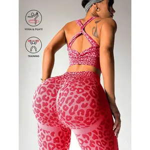 Women's Spring Summer Leopard Print Two-Piece Set, Adjustable Straps Backless Top + High Waist Tummy Control Nine-Point Tight Yoga Pants