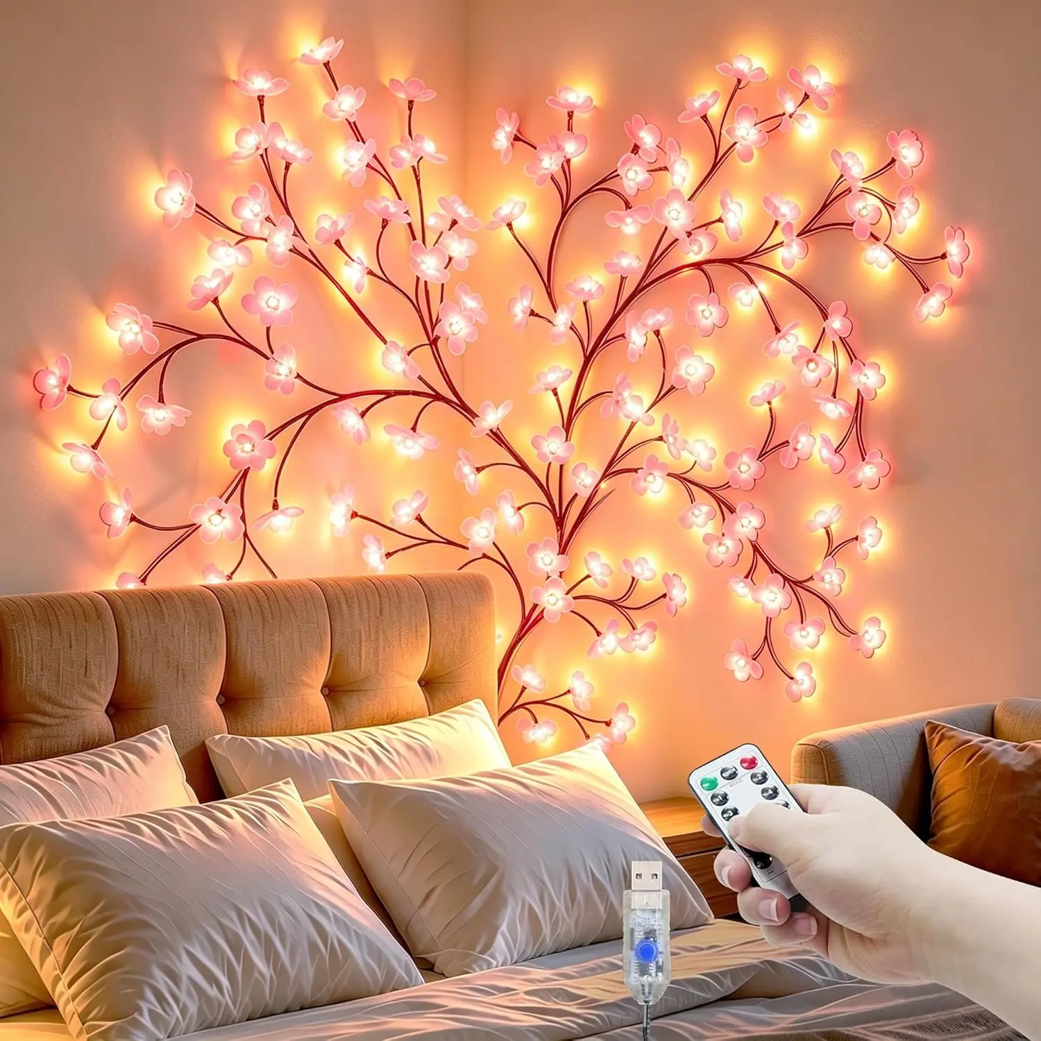 Cherry LED Blossom Lights Decor, 48 LED Cherry Enchanted Willow Vine Tree Branch Lights for Wall Art, 8 Lighting Modes, Whimsical Christmas Indoor Decorations for Home Living Room Door Window