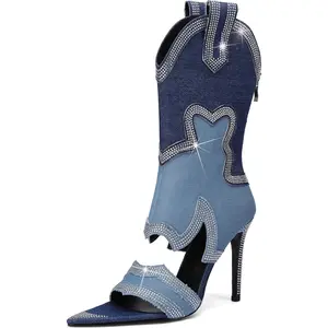 Evolra Women's Denim Rhinestone Western Stiletto Boots | Open-Toe Western Heels | Glamorous Concert & Festival Footwear | Trendy Shoes for Party