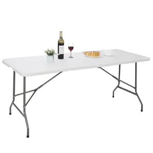 LEMY Foldable Heavy-Duty Plastic Picnic Table with Carry Handle – Indoor/Outdoor Utility Table with Metal Legs, Portable Half-Fold Design for Camping, Dining, and Events – White
