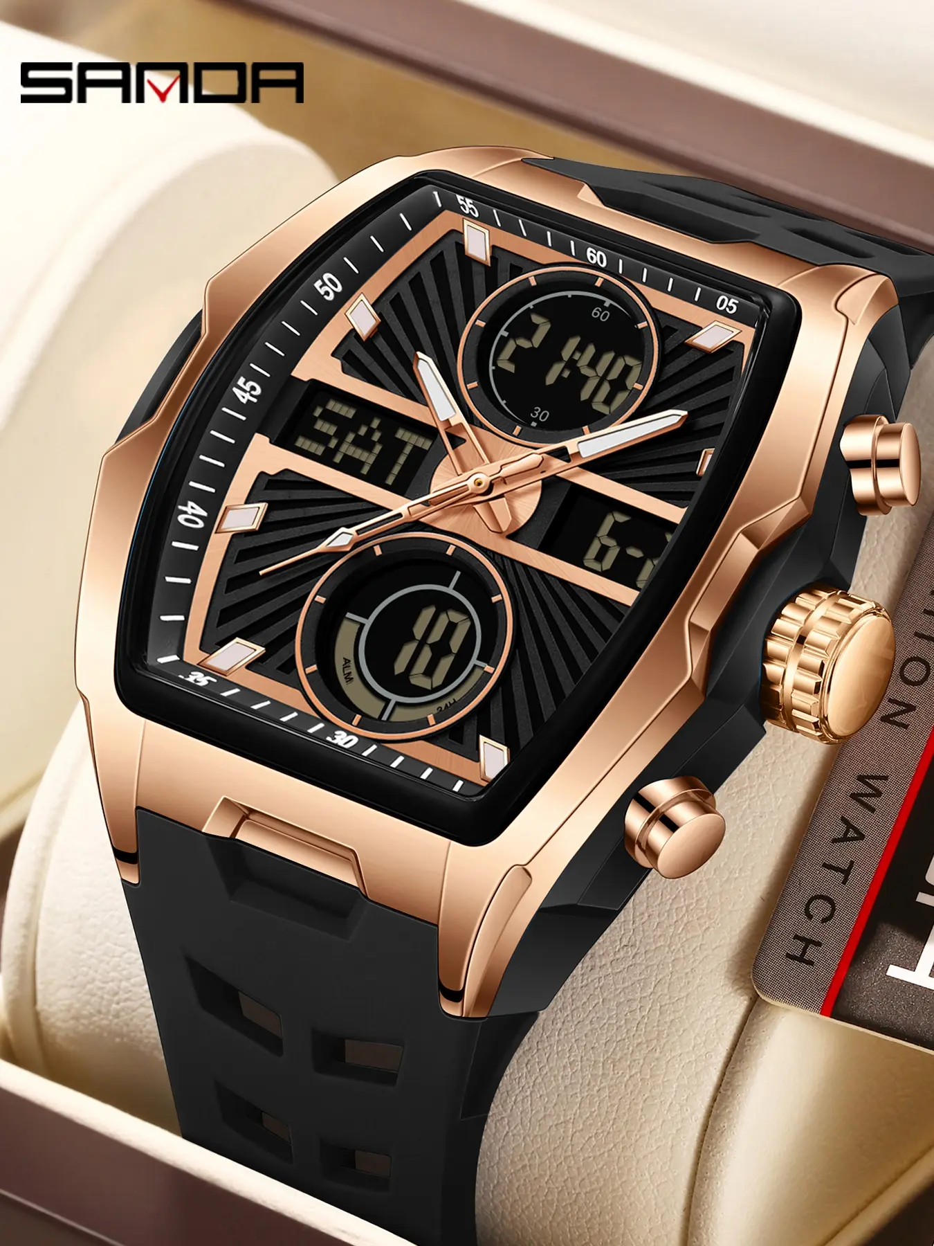 SANDA men's sports watch, fashionable and casual men's LED night light waterproof multifunctional timing electronic watch, preferred gift+BOX Trendy Multifunctional Watch, Luminous Waterproof Watch, Digital Wristwatch, Luminous Analog Watch