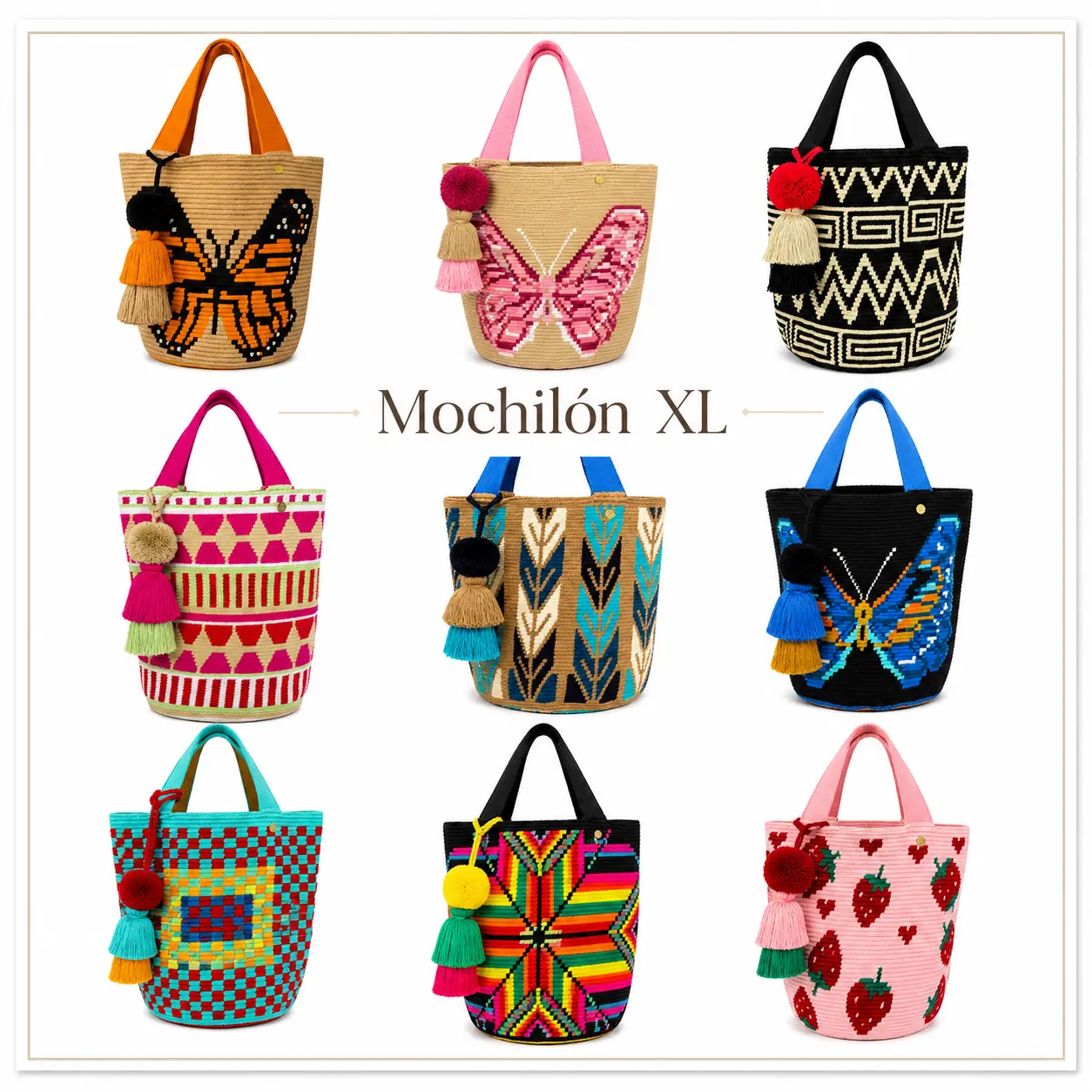 WAYUU BAG XL MOCHILON -  Geometric Pattern Tote, Casual Handbags, Colorblock Tassel Bags, Handmade Woven Bag