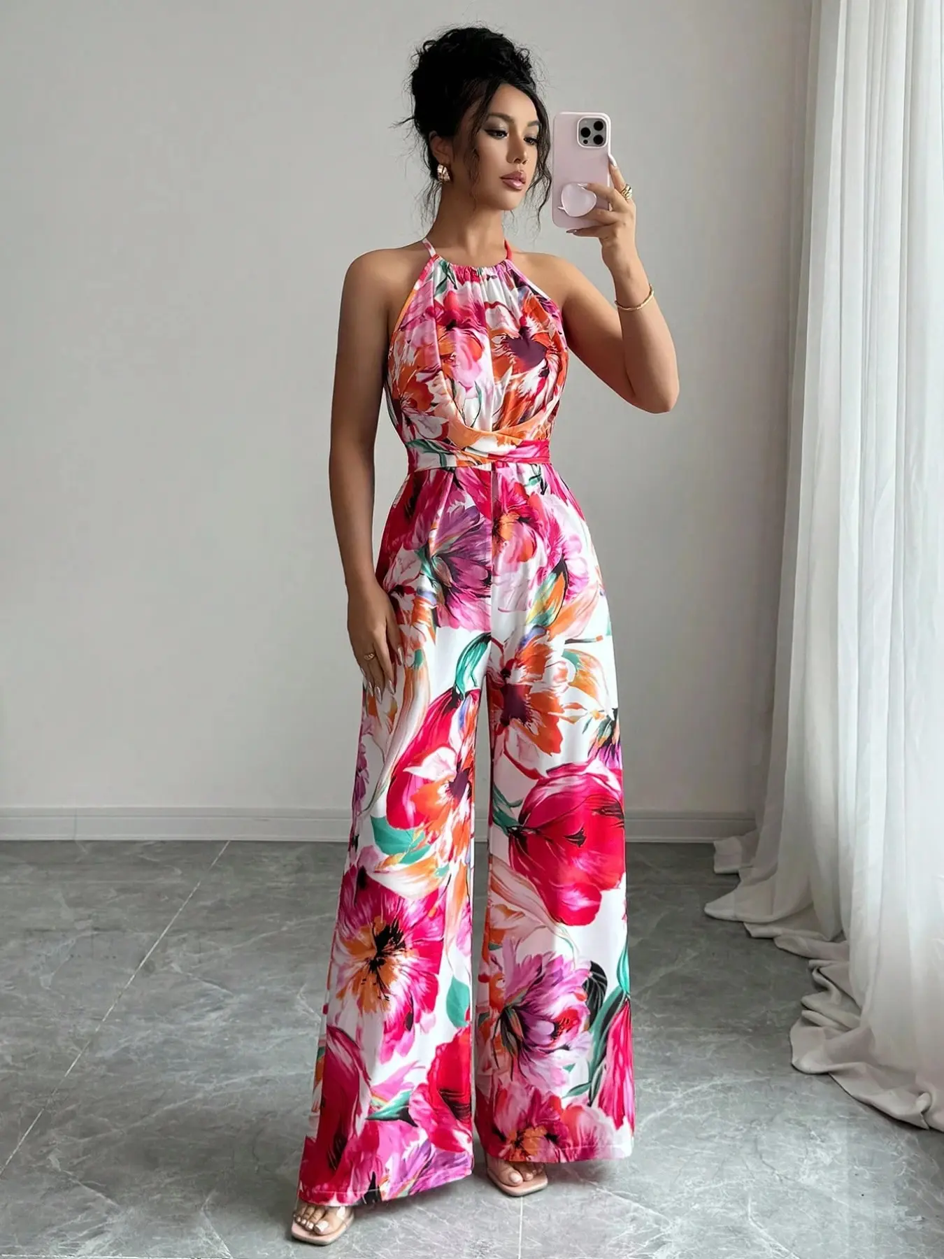 Elegant Bohemian Style Women's Sleeveless Chic Floral Romper, Ruched Waist Strapless Jumpsuit, Printed Fabric Halter Neck, Perfect for Vacation and Daily Wear