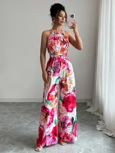 Elegant Women's Sleeveless Floral Romper, Ruched Waist Strapless Jumpsuit, Chic Printed Fabric Halter Neck, Perfect for Vacation and Daily Wear, Fit