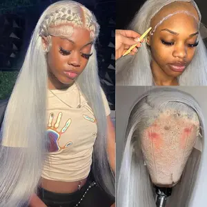 YESWIGS 12"-36" Available Silver Grey Colored 13X6 Bone Straight HD Transparent Lace Front Wigs Human Hair 13X4 Grey HD Lace Frontal Wig Human Hair Wear and Go Glueless Wig Human Hair Pre Plucked with Baby Hair Gray Colored Hd Lace Front Wigs