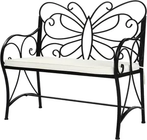 VINGLI 38.7in Cast Iron Outdoor Bench with Cushion, All Weather Resistant Metal Bench with Curved Armrests and Butterfly Pattern Backrest, 1-2 Person Patio Bench for Garden Porch Park Yard