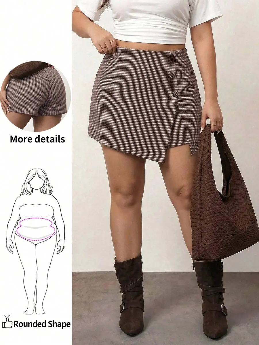 Plus Size Vintage Brown Houndstooth High Waist Skort,Autumn,Casual,Graduation,Back-To-School Business Office Shorts For Apple And Rounded