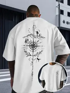 Men's Compass & Mountain Graphic Print Short Sleeve Tee, Regular Fit Casual Outdoor Round Neck T-shirt for Summer, Men's Top for Daily Wear, Tropical