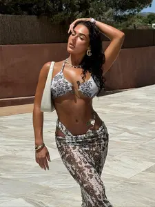 New Three-Piece Set, Sexy Halter Bikini Top with Metal Buckle, Waist-Tie Bottoms, Transparent Skirt Cover-Up, Casual Vacation