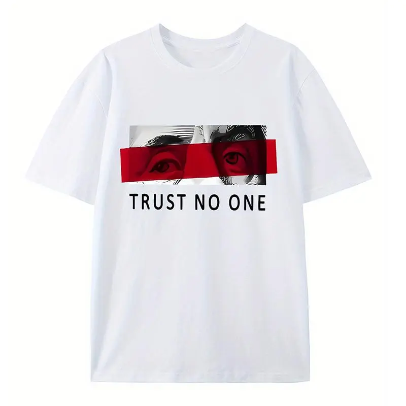 Women's Round Neck Loose Shortleeve "Trust No One" Graphic T-Shirt, 100% Cotton Casual Streetwear Top for All-Season Wear
