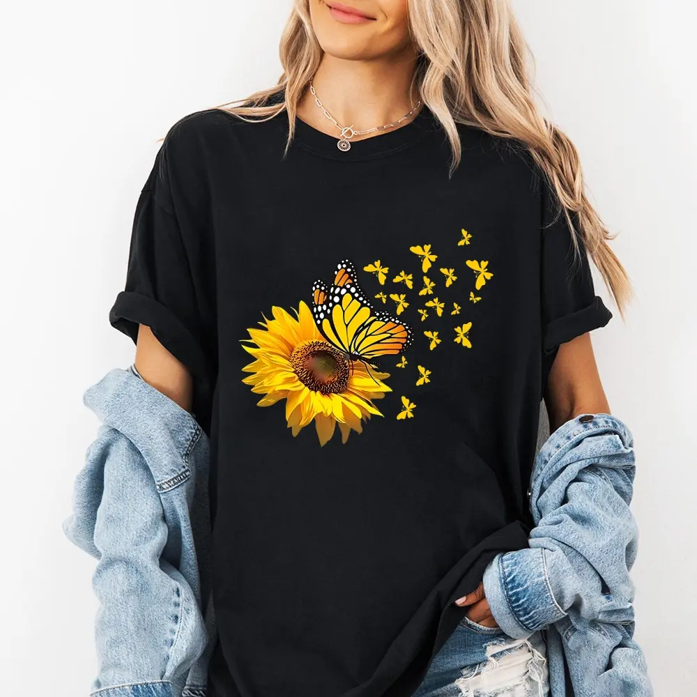 Fitted Cotton Tshirt for Lady with Vintage Sunflower Print, Round Neck Short Sleeve Casual Summer Streetwear