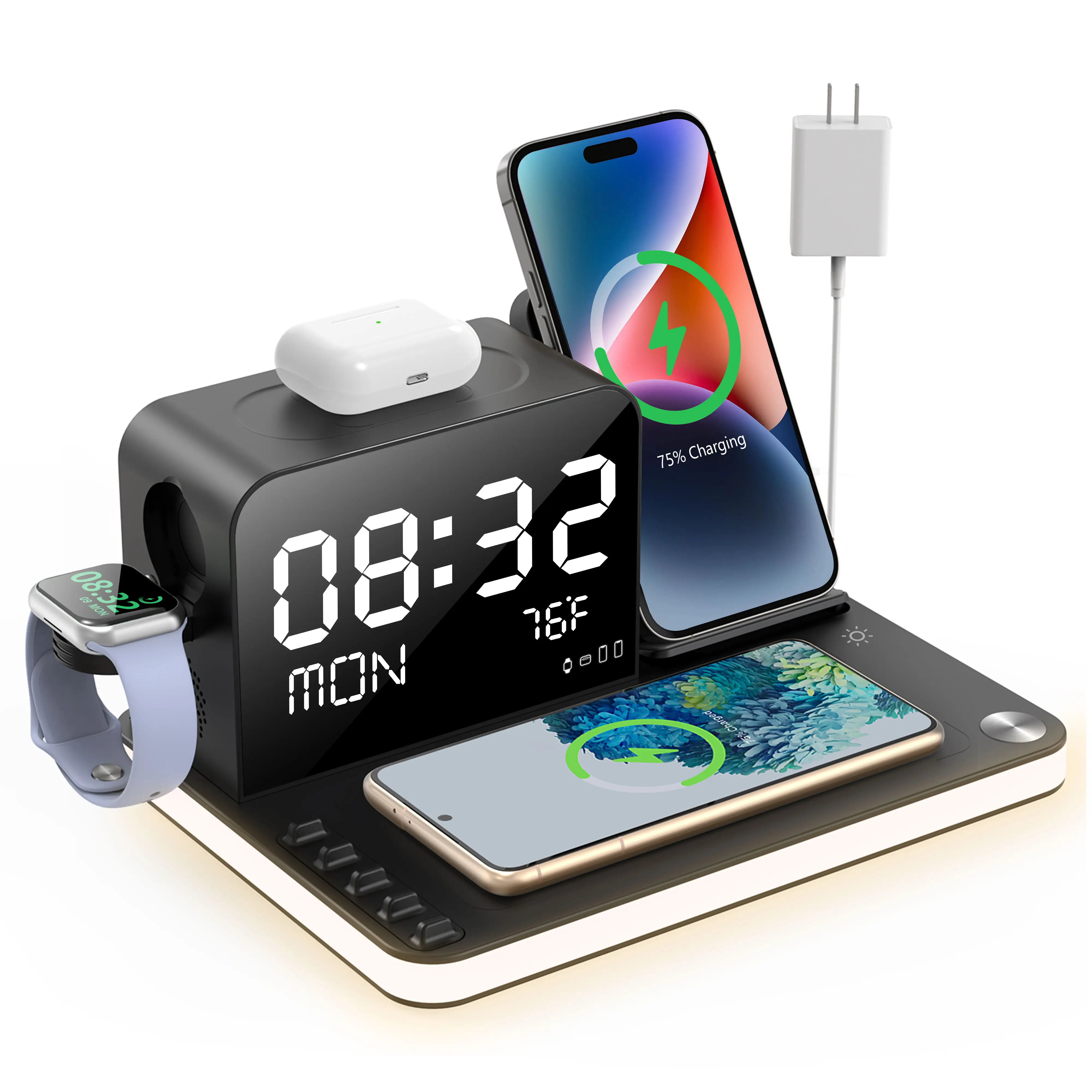 BLKE 7 in 1 Wireless Charging Station, MagSafe Fast Charger, Dual Phone Wireless Charger with Touch Night Light,Bluetooth TimeSync, Digital Display, 3