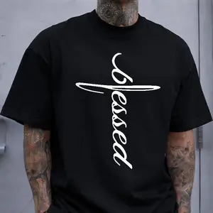 Blessed' Cross Cursive Print T-shirt Christian Minimalist Style Casual Top