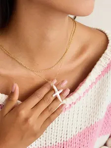 Ladies Cross Freshwater Pearl Double Layer Chain Stainless Steel 18k Gold Plated Waterproof And Anti Allergy Unique Natural Inspiration Jewelry Elegant And Versatile Dainty Pearl Necklace