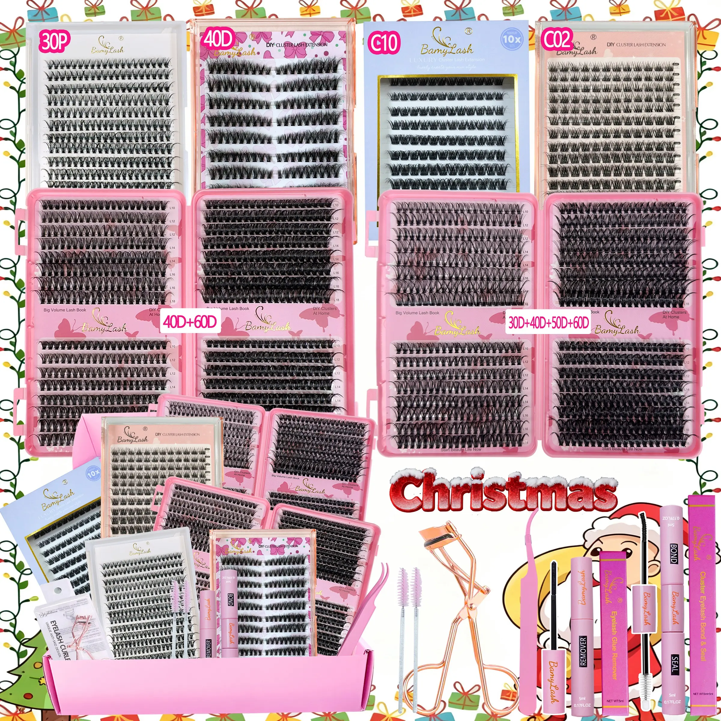 Capacity Cluster Eyelash Kit Gift Box with Bond Seal Remover Applicator Curler lash Brushes, Cosmetic Eyelash Extension,30P40P50P C10 Natural Wispy Volume individual cluster lash extension,perfect for home lash diy eyelash extension