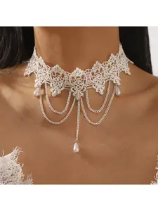 Cross-border dark retro imitation pearl lace necklace choke r personalized metal chain tassel necklace Elegant Necklace Jewelry Necklace