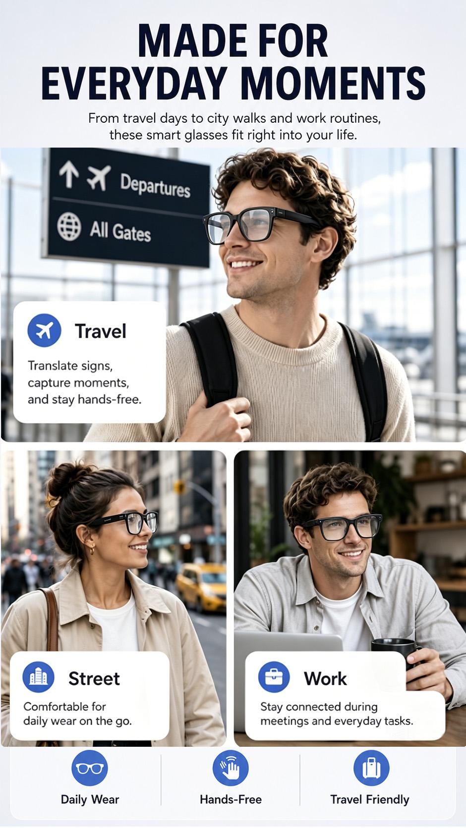 AI Smart Wearable Eye Glasses Camera - 8MP Digital Camera, Hands-Free Photo & Video Recording, Bluetooth Calls, Music Playback, App-Based Translation, Casual Minimalist Lightweight for Travel & Daily Use Cameraglasses smart glasses with camera glasses