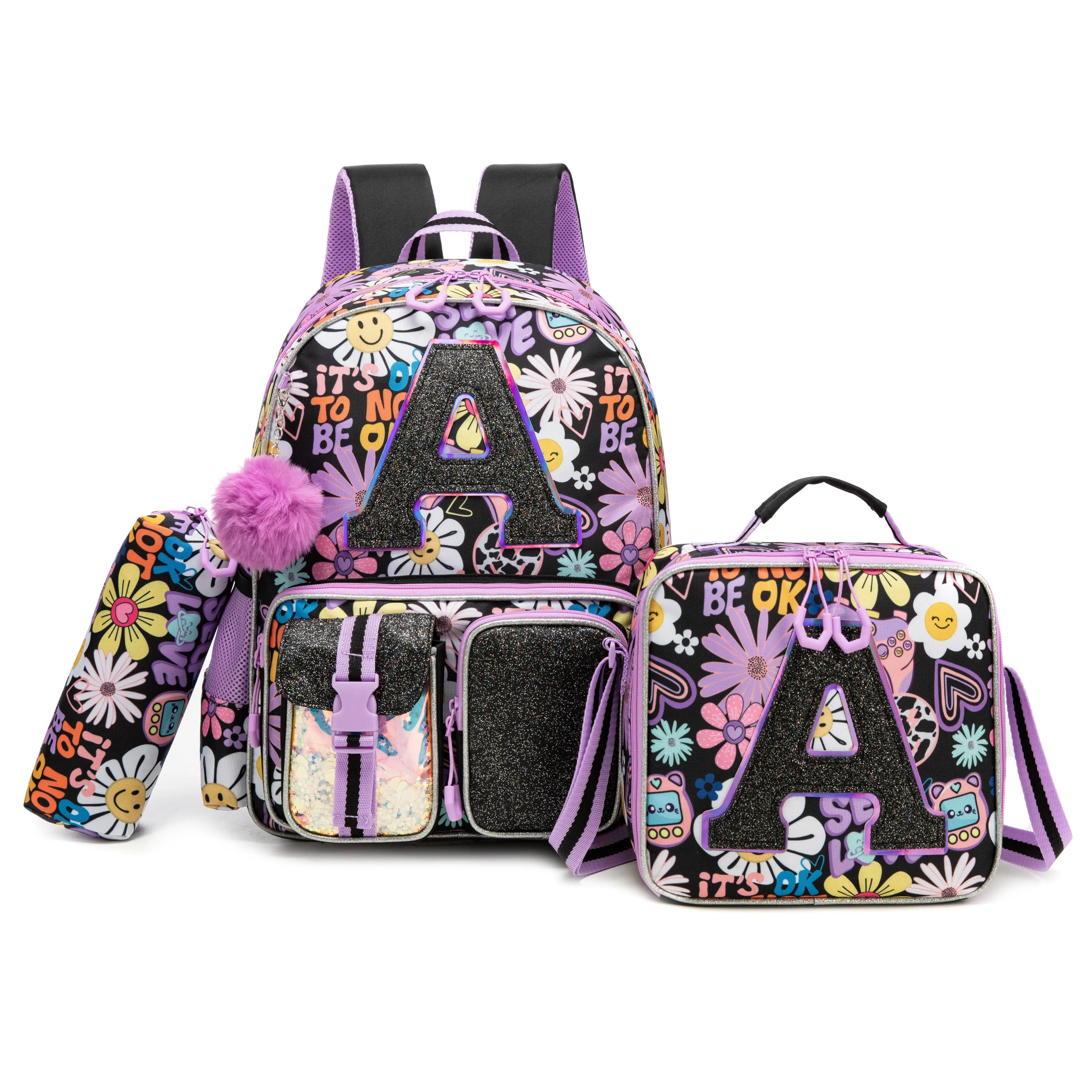 Girls' 3-Piece Chic Retro Daisy Initial A Backpack Set - Back to School Haul, Water Resistant Zip Bookbag with Insulated Lunch Box, Graphic Pencil Case for Kids, Cute, Elementary School, Flowers Backpack, Pattern Backpack Set