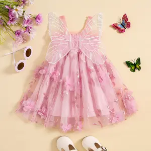 Baby Girl Butterfly Wings Fairy Dress Toddler Sleeveless Ruffle Layered Lace Tutu Princess Birthday Party Tulle Dresses