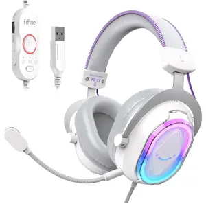 FIFINE H13 PC Gaming Headset for PS5 with Noise Canceling Microphone, Software Control, 7.1 Surround Sound, Customizable RGB, Game/Chat Balance, White