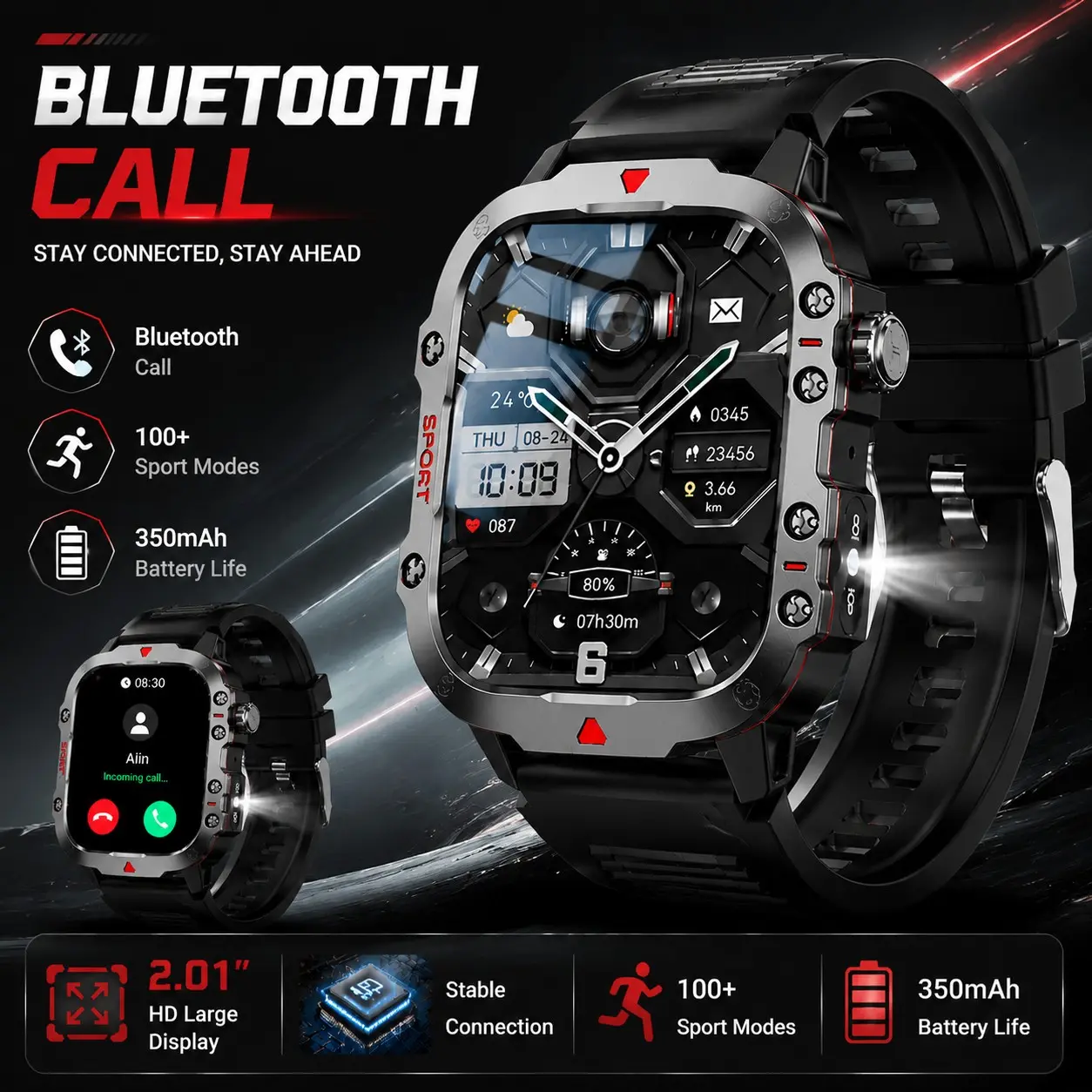 2.01" Full Touch Display Smartwatch, Wearable, with LED Flashlight, Bluetooth Calling & Dialing, Call & Message Alerts, Multi-sport Modes, Workout, Sleep & Activity Tracking, iOS/Android Compatible, Ideal for Daily Life, Outdoor Activities