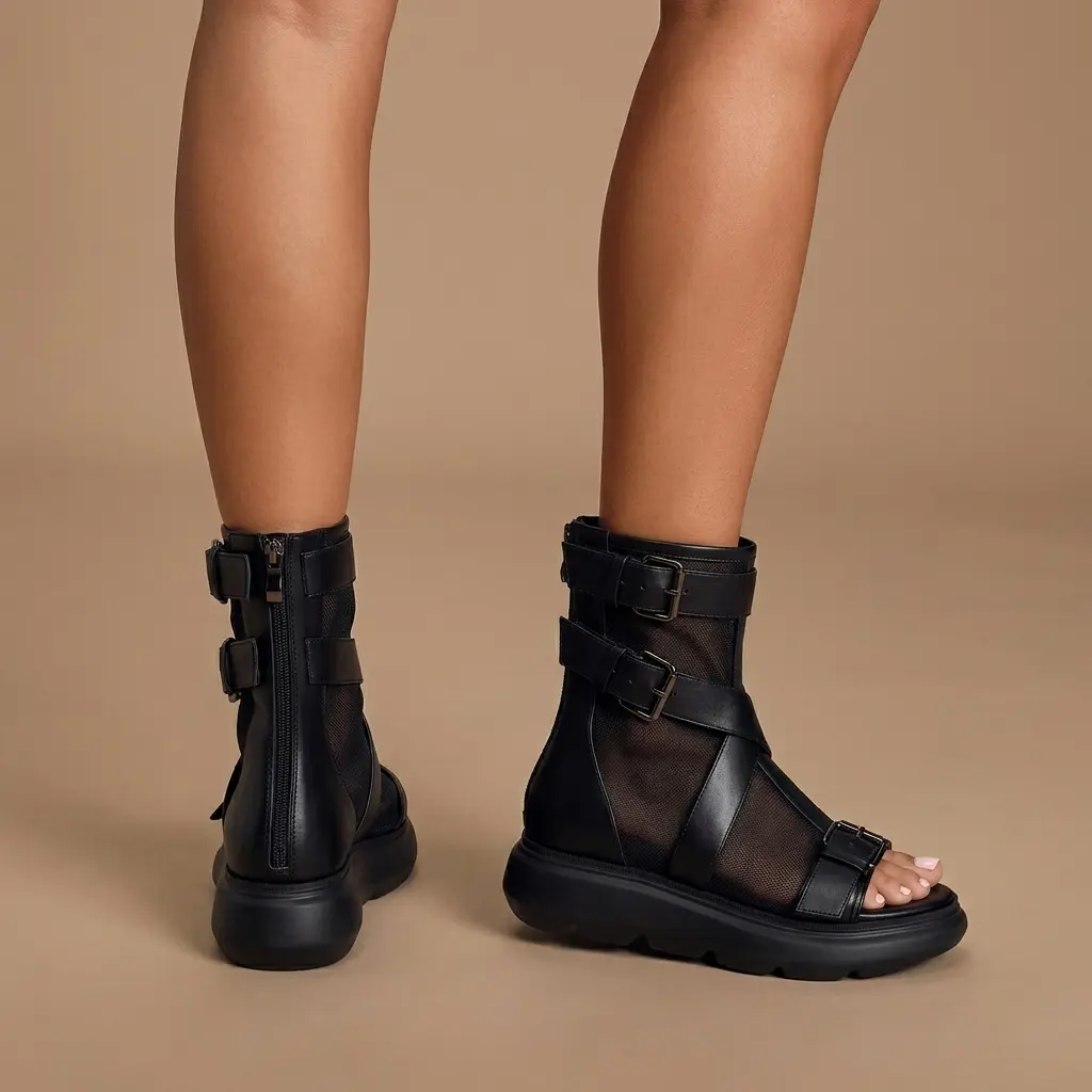 FEINLINA Women's Black Matte Gladiator Ankle Boots, Buckle Strap & Mesh Panels with Chunky Platform