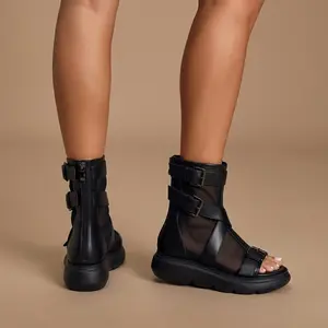 FEINLINA Women's Black Matte Gladiator Ankle Boots, Buckle Strap & Mesh Panels with Chunky Platform