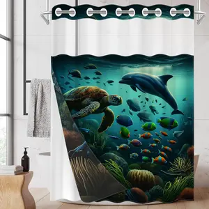 1PC Double Layer Shower Curtain, No Hooks, Deep Sea Ocean Print Waterproof Fabric, Underwater Themed Bathroom Decor, Calming Whimsical Aesthetic, Hotel Bathroom Accessory, Detachable Buckle Shower Curtain and Liner, Bathroom Room Divider