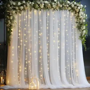 10x10ft White Tulle Backdrop Curtain with String Lights, Sheer Drapes for Wedding, Photography, Birthday Party Decorations