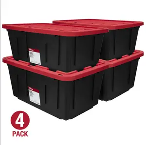 (Pack of 4) Hyper Tough 27 Gallon Large Storage Bin with Snap Lid, Black and Red, Heavy Duty Plastic Storage Container