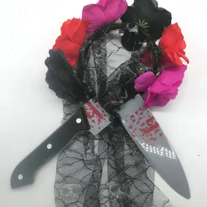 Halloween Party Costume Headband, Headpiece, Pendant, Knife Head Buckle, Flower, Black Lace Hat