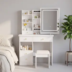 Vanity Set with LED Mirror, featuring 3-Color Dimmable Lighting, Four Drawers, Three Shelves, and Concealed Storage Space. Bedroom Vanity — White. Pantry Dresser Modern