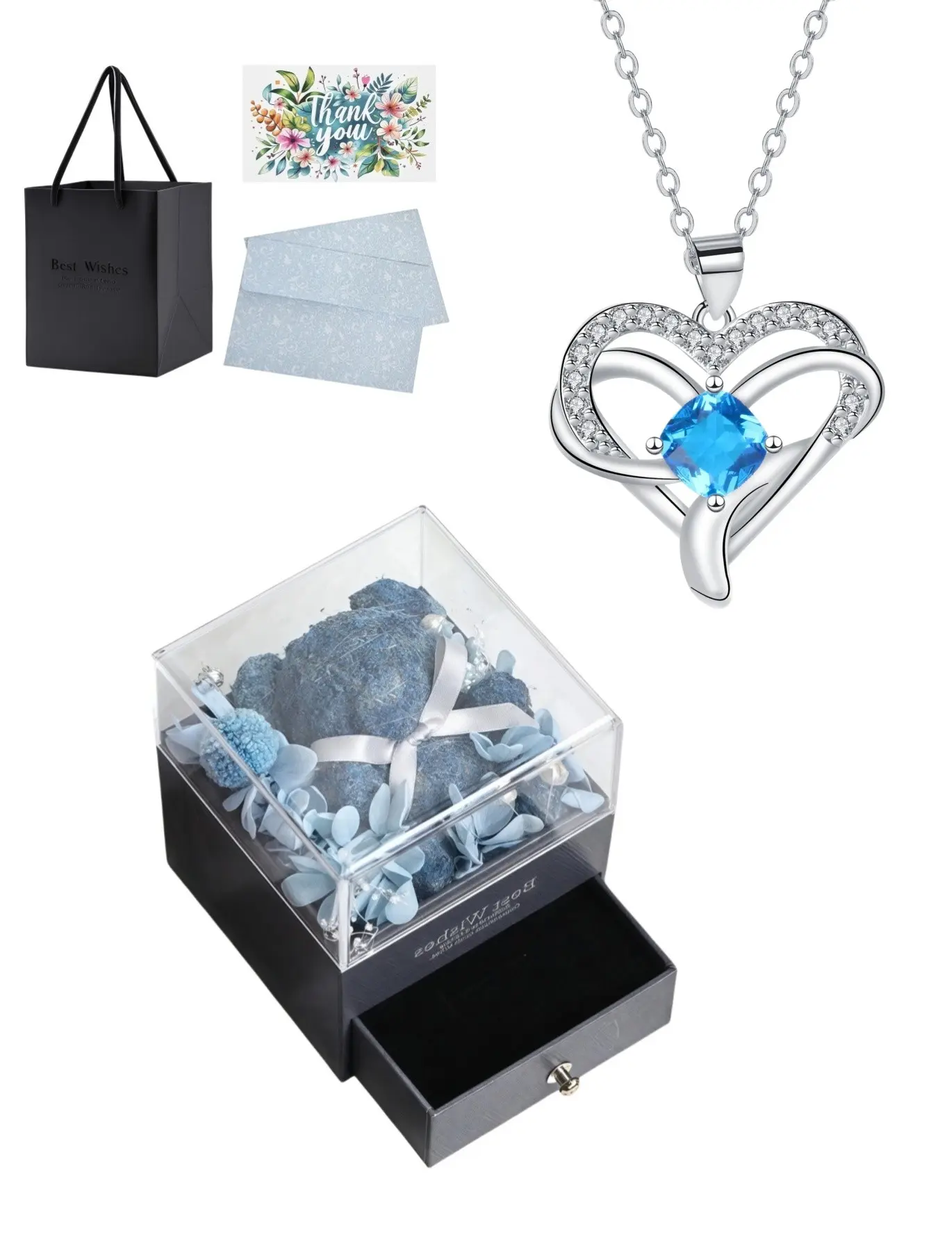 Azure Heart Sapphire Necklace Luxury infinity heart sapphire necklace with elegant vibes. Comes with an eco-friendly preserved rose & teddy bear gift box, ideal for birthdays, Mother’s Day, Valentine’s Day and Christmas.