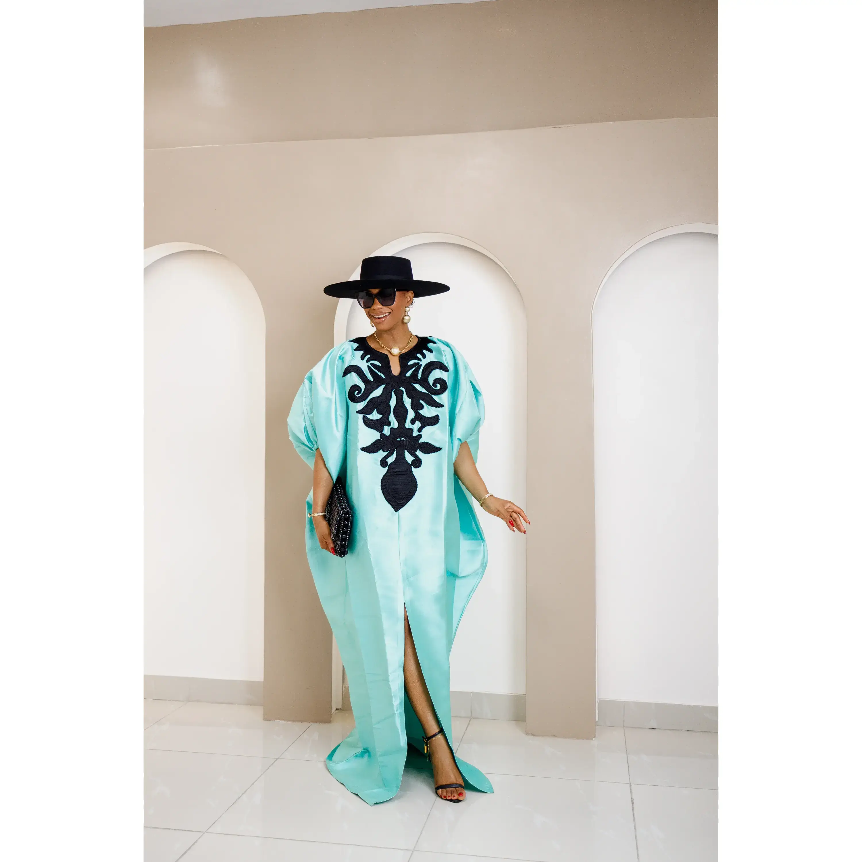 Women's Aqua Blue Duchess Satin Bubu Dress - Elegant African Flair Kaftan with Black Embroidery, Lightweight Flowing Formal & Casual Wear Gown for Weddings, Special Events