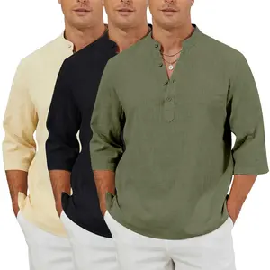 Gihuo Mens 3PCS Linen Blend Shirts Cotton Henley T-Shirt 3/4 Sleeve Summer Beach Tops Casual Menswear Wetsuit Beige Wetsuit Fashion Formal Plain tees tshirts outfit