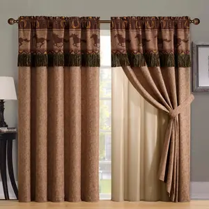 Chezmoi Collection Sedona 4-piece Southwestern Wild Horses Window Curtain Set with Micro Suede Fabric & Diamond Geometric Patterns 100% Microsuede Polyester Rod Pocket Design 108"W x 84"L