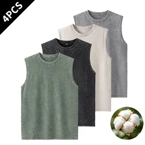 4-Pack Summer Vibes Men’s Vintage Washed Cotton Tank Tops – Sleeveless Crew Neck Casual Basic Workout Shirts for Summer Everyday Wear