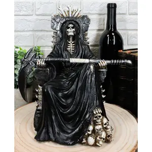 Ebros Gift Black Holy Death Grim Reaper Sitting On Skeleton Throne Figurine 10.5" Tall Time Waits for No Man Angel of Death with Scythe As Ossuary Home Decor Eternal Death Gates of Hades
