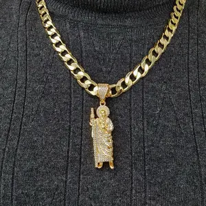 ViOrO 14K Gold Plated 10mm Cuban Link Chain for men with San Judas Tadeo Pendant for Dairy Use. Electro Laminated Premium Jewelry