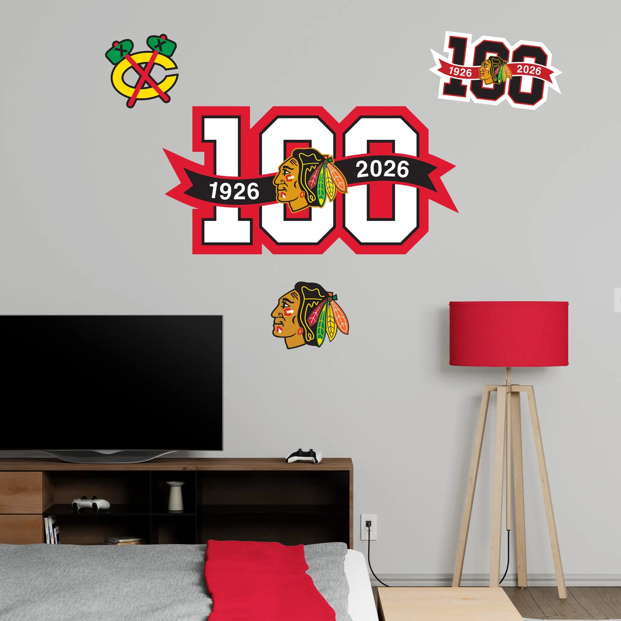 Official NHL Chicago Blackhawks RealBig Centennial Logo Wall Art Stickers - Reusable Vinyl Decorative Decals Wall Stickers & Murals, Bold Colors, Die-Cut Edges, Stain Resistant Room Decor Club Affiliation Accent, Graphic Decal